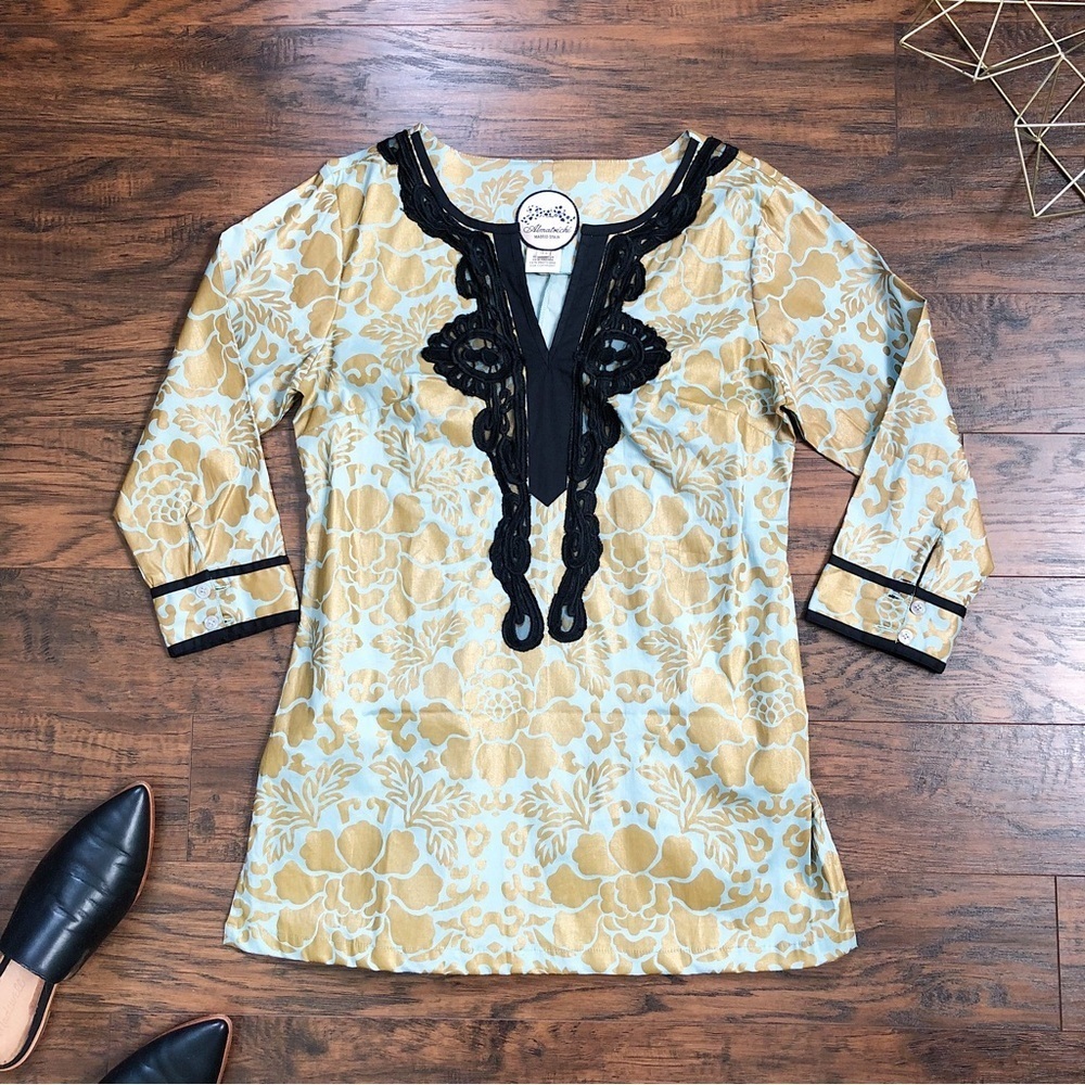 Almatrichi • painted floral tunic blouse teal metallic gold black lace resort